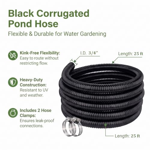 Image of Pond Hose 3 /4 inchID x 25ft Black Corrugated Flexible Pump Tubing & 2 Clamps | Reinforced Water Hose Vinyl Tubing for Sump Pump Pond Fountain Garden Waterfall, Non-toxic & Kink-proof (3 /4in - 25ft)