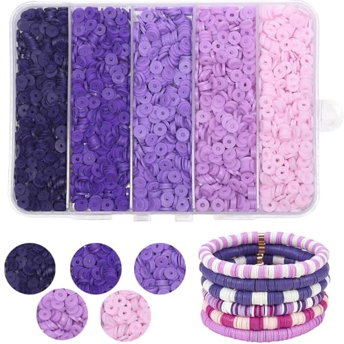 THRELE 3500pcs Purple Clay Beads for Bracelets Making 6mm Heishi Beads Polymer Flat Round Disc Clay for Jewelry Making Purple Bead Crafts