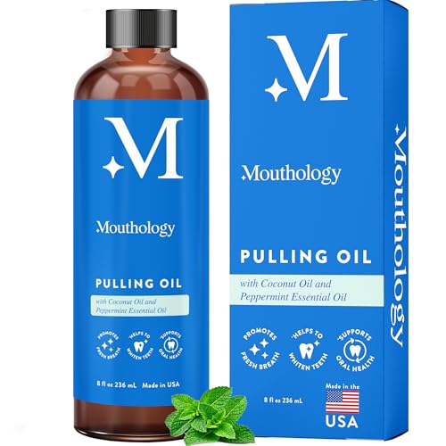 Mouthology Coconut Oil Pulling for Teeth and Gums 8oz (Made in USA), Whitening Pulling Oil Coconut Mint Mouthwash for Fresh Breath Ayurvedic Oil Pulling Mouth Gum Health Oral Care Scraper Oral Care