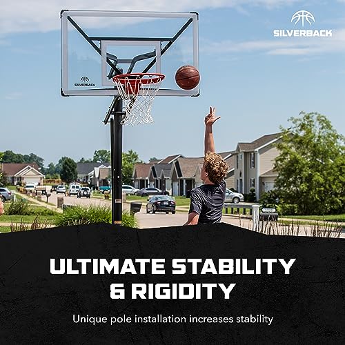 Image of Silverback Height Adjustable In-Ground Basketball Hoop with Tempered Glass Backboard, Pro-Style Breakaway Rim, Pole and Backboard Pad
