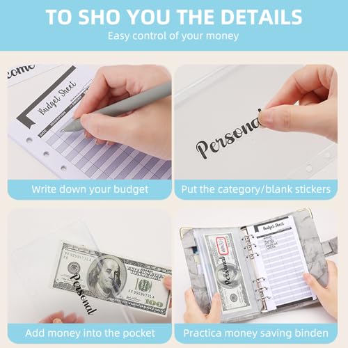 LiangYuanZen Binder Budget Notizbuch A6, 6 Löcher Budget mit Binder Taschen Budgetblätter, Etikettenaufklebern, Weiches Lineal Ringbuchordner,Geldplaner, Cash Stuffing. (black)