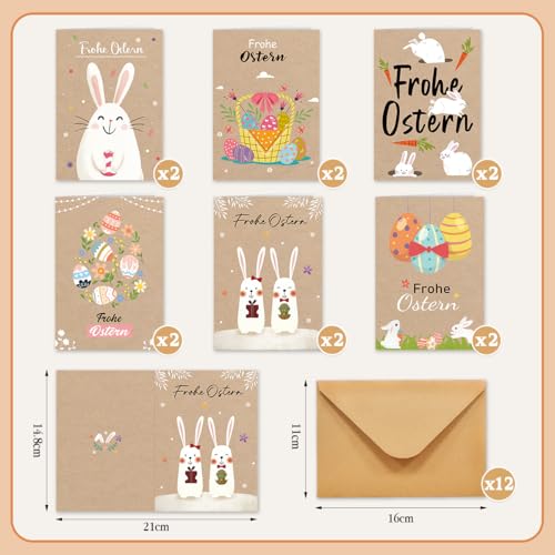 12er Osterkarten mit Umschlag, 6 Designs Klappkarten aus Kraftpapier mit Osterhasen & Ostereiern Cartoon Design-Frohe Ostern, für Familie, Freunde & Kollegen