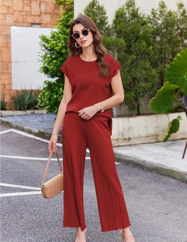 Image of Ekouaer Lounge Sets for Women Two Piece Outfits Knit Cap Sleeve Tops Wide Leg Pleated Pants Casual Dressy Sweater Sets