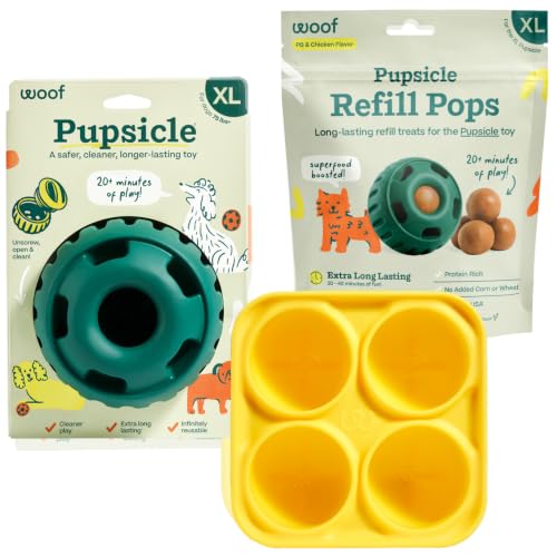 WOOF Starter Pack Dog Treat Toy for XL Dogs 75 lbs & Up | Long-lasting enrichment kit, Pupsicle toy included, reusable treat mold, chicken Pops, DIY frozen treats