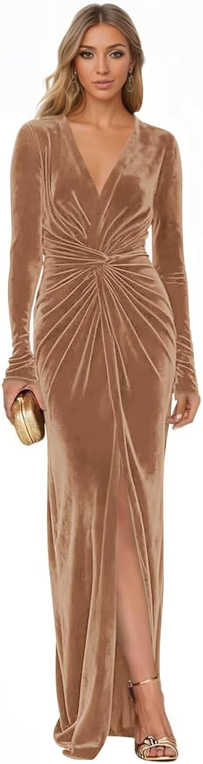 Women’s Winter Velvet Bridesmaid Dress Long Sleeve Formal Maxi Evening Party Dresses with Slit