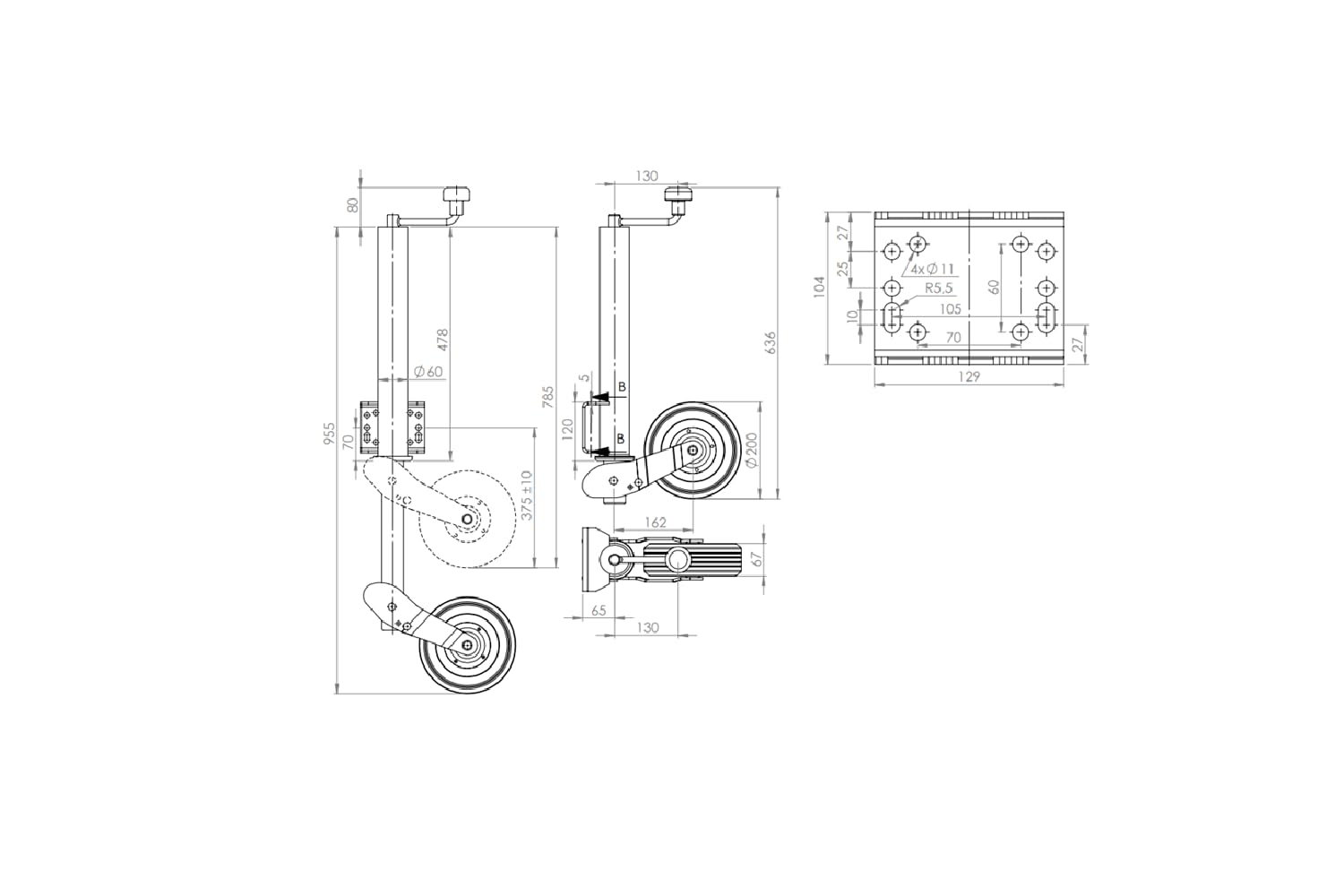 UNITRAILER Rueda Jockey automatica 250 kg 60 mm 785 a 955 mm para Remolque, con Soporte Soldado y pie automatico para estabilizar y maniobrar, para Uso Diario, para Servicio Diario