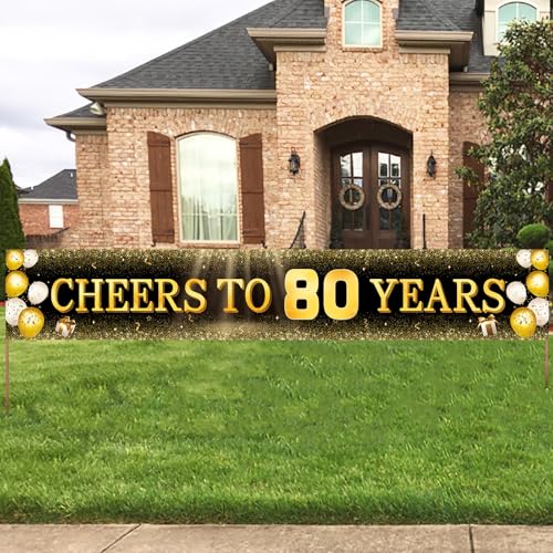 Image of TZSS Black & Gold 80th Birthday Banner Decorations - Extra Large Reusable Yard Sign for Men & Women, 80th Celebration Party Decor Indoor Outdoor, Platinum Jubilee Happy 80th