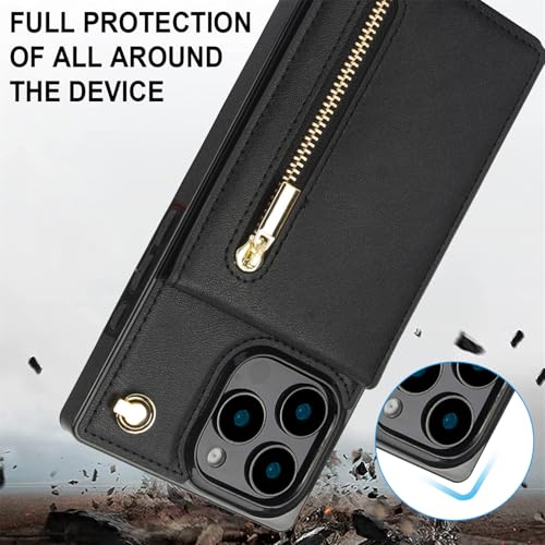 Ysnzaq Wallet Case for iPhone 16 Pro Max 6.9" with Crossbody Lanyard Strap & Credit Card Holder for Women PU Leather Zipper Purse Flip Cover Case for iPhone 16 Pro Max/Apple 16 Pro Max. XK-Black - Image 3