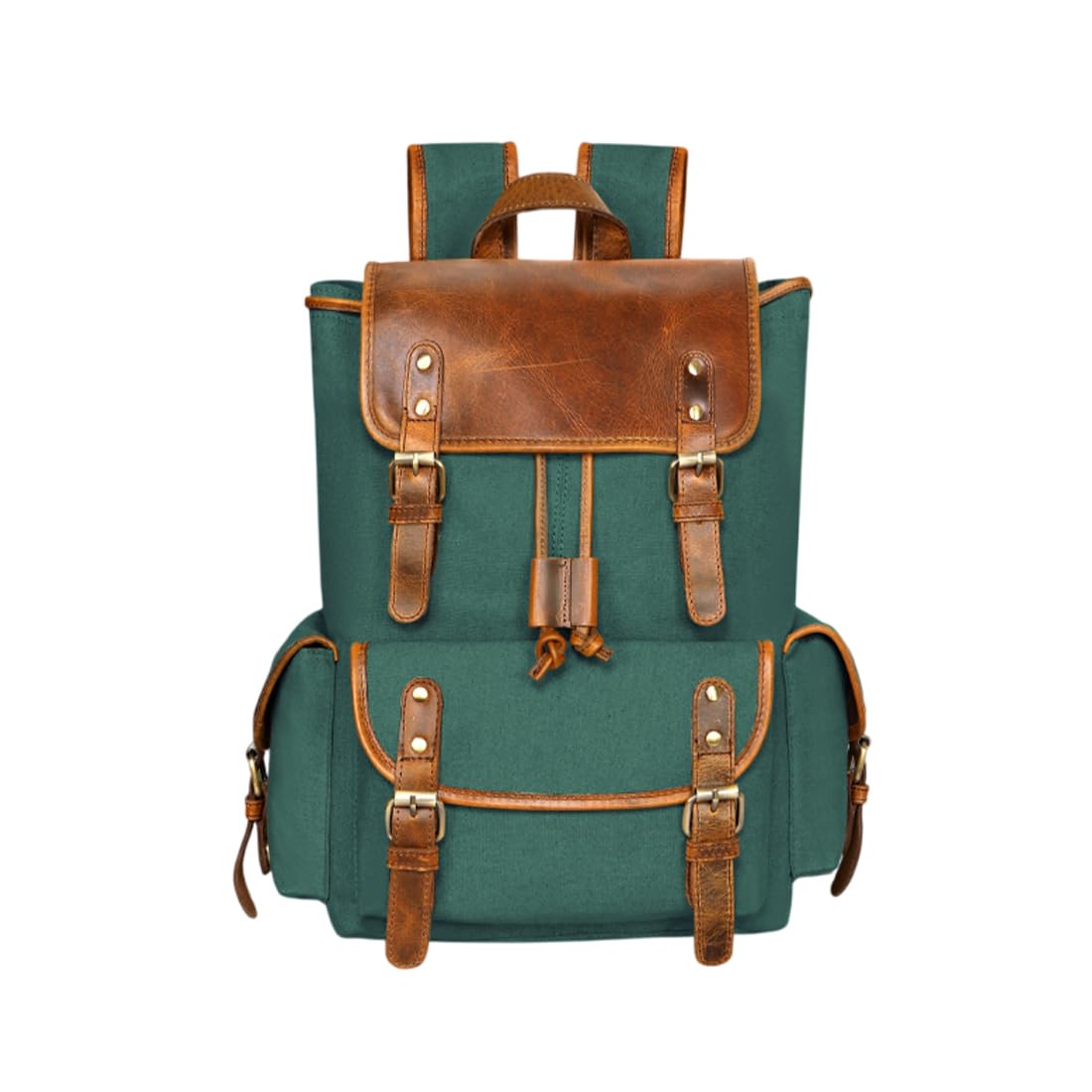Vintage Canvas Backpack with Leather Trim, Green and Brown, Multiple Compartments, Adjustable Padded Straps, Water Repellent, for Travel and Daily Use-image-31