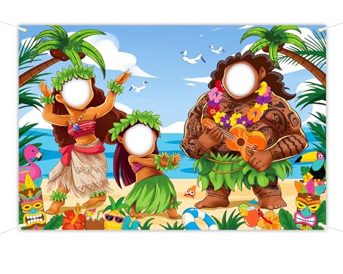 Hawaiian Luau Face in Hole Backdrop 5 x 3.3 ft, Princess Luau Face Cutout Photo Props, Tiki Party Photography Background, Beach Aloha Party Decoration Kids Photo Booth Props