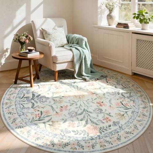 Lahome Circle Rug 6ft Beige Floral, Gentle Blossom Print Nursery