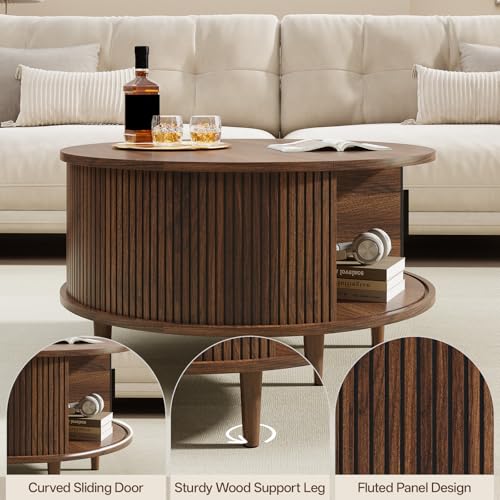 Image of Round Coffee Table with Storage, Mid Century Modern Coffee Table, Fluted Dining Table with Sliding Door, Circle Coffee Table for Living Room Home Office, 31.5 inch, Walnut