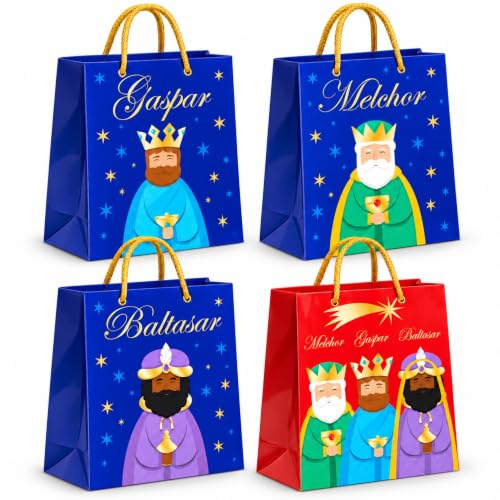 Bolsas Regalo Reyes Magos de Papel, Pack de 4 unidades, 30 x 12 x 40 cm