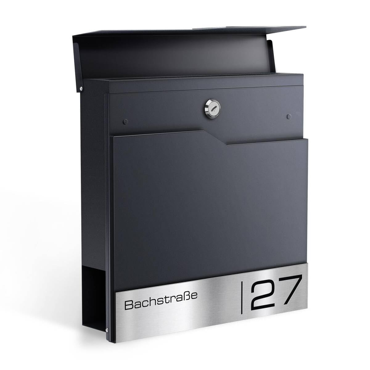 Metzler Boîte aux Lettres sur Pied Anthracite avec Compartiment journaux – Plaque Nominative INOX personnalisée – Design Moderne, Acier thermolaqué étanche et résistant | Siebert