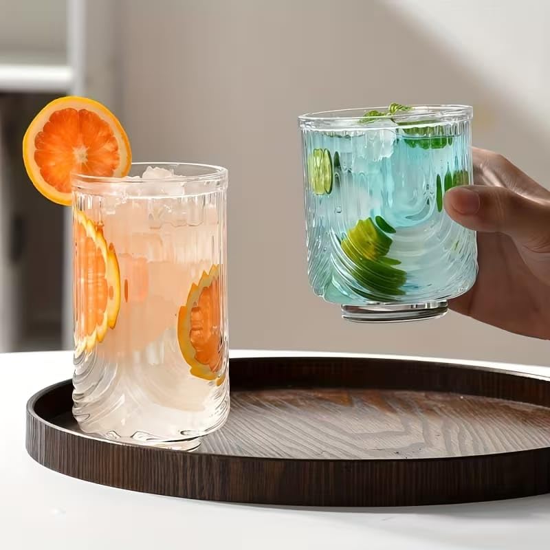 Image of PrimeWorld Vintage Ripple Highball Glass Set of 6 - 370 ml | Fashioned Transparent Cocktail Glassware | Classic Tall Glasses for Water, Juice, Iced Coffee & Bar Beverages