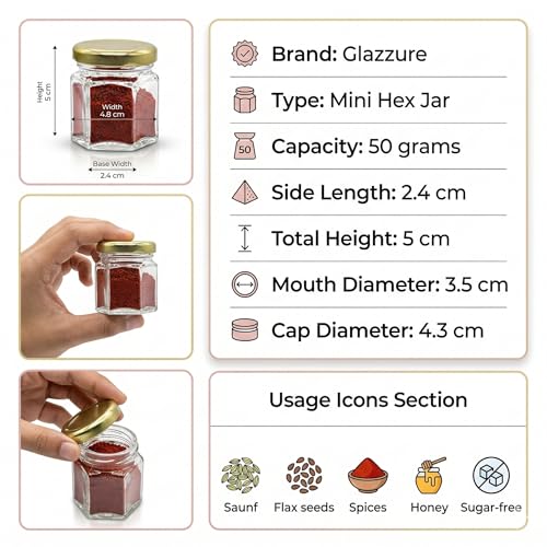 Image of Cute Hexagonal 50 grams Airtight Glass Jar Containers for Honey, Spices & other Kitchen Items with Rust Proof Gold & Silver Color Caps -Set of 06