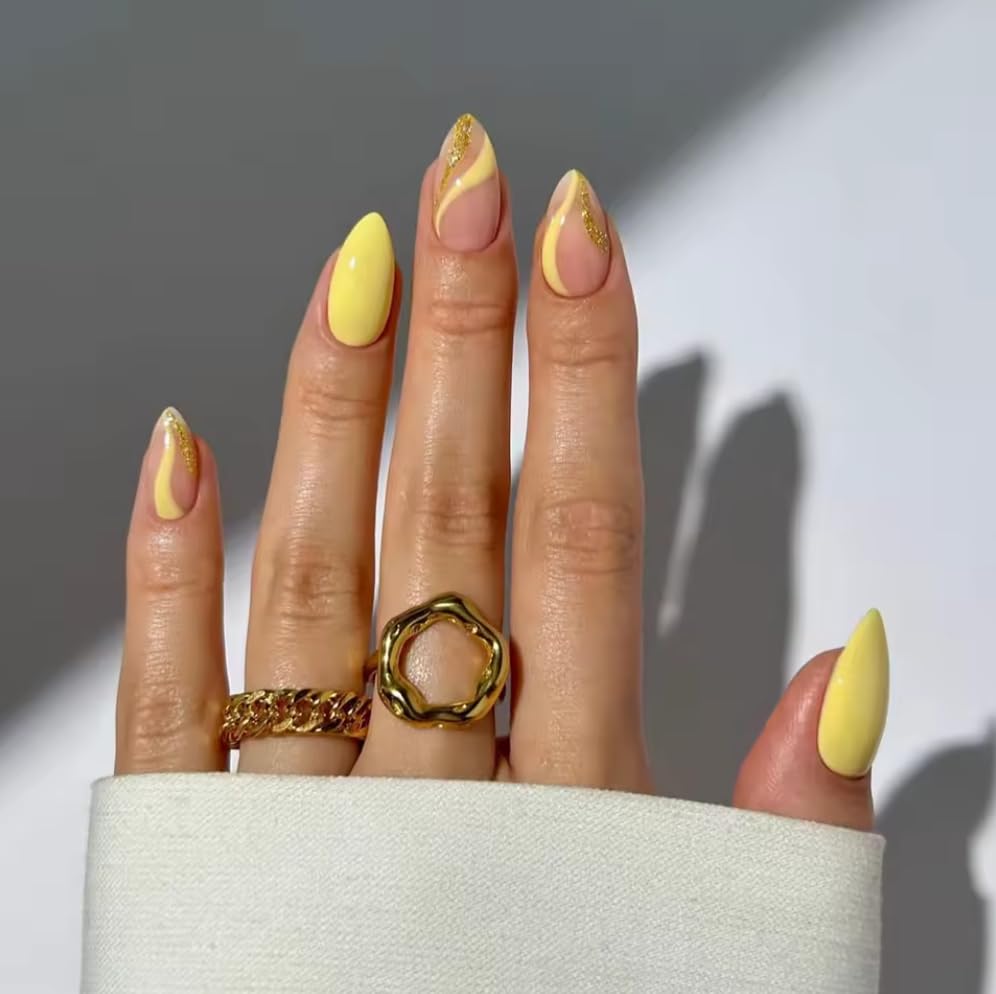 30 Pcs. Yellow and Natural Color Press On Nails – Short almond Shape Acrylic Nails | Full Cover with Glue, File & Stick – Reusable Nail Tips Kit (GD08)