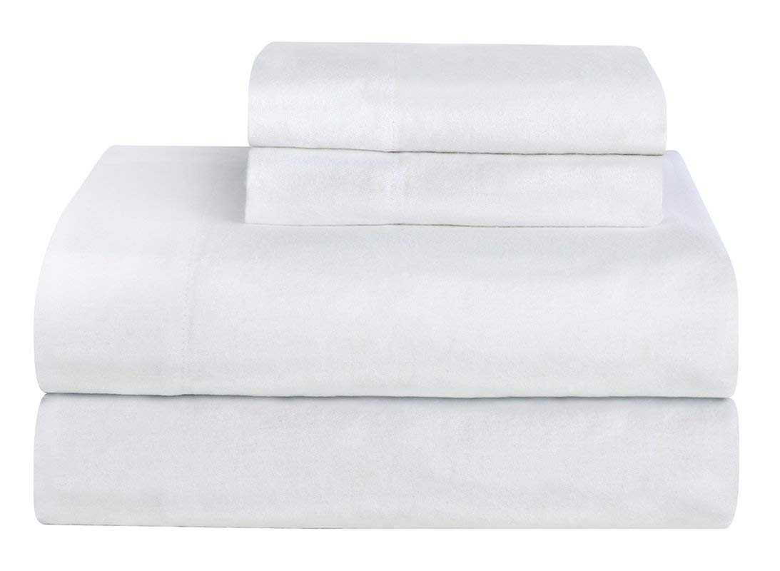 AmigoZoneBrushed Cotton Thermal Flannelette Fitted Sheet Flat Sheet With Pillowcases Sheet Set, DOUBLE - WHITE