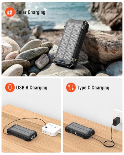 Image of Solar Charger Power Bank, 42800mAh Wireless Portable Charger with USB-C in /Output, QC3.0 Fast Charging 15W 4 Ports Outdoor Battery Pack Built-in Dual Led Flashlights for iPhone Samsung etc
