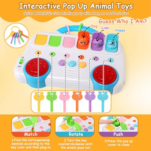 BelleStyle Baby Motorikspielzeug ab 1 Jahr, Pop Up Spielzeug mit Tieren Schlüssel Musik & Licht Frühe Entwicklung Ursache und Wirkung Lernspielzeug Montessori Spielzeug für Kinder 1 2 3 Jahr