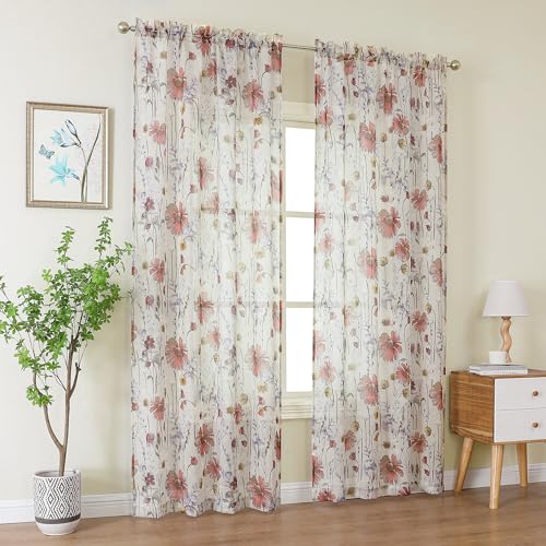Image of OWENIE Crushed Sheer Curtains 96 Inch Length 2 Panels Set, Sheer Floral Curtains Printed Drapes on Sheers for Living Room, Rod Pocket Light Filtering Window Sheers 42 inch W x 96 inch L