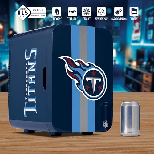 Image of Ukonic NFL Tennessee Titans 15-Can Mini Fridge 10L - AC /DC Powered, Official Team Colors & Logo, Portable Cooler for Tailgates, Home, Office, or Car
