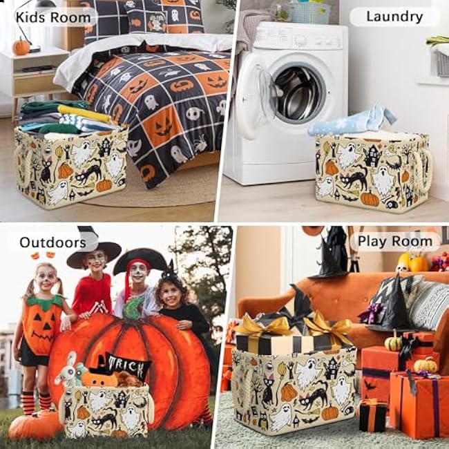 Halloween Ghost Basket Pumpkin Black Bat Boo Spooky Basket with Handles Foldable Waterproof Halloween Gifts Storage Bins Boxes for Party Home Bedroom Decor
