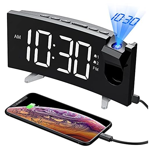 PICTEK Projection Digital Clock Radio for Bedrooms Ceiling with USB Phone Charger, 5'' Large Curved LED Display, 6 Dimmer, Dual Alarms with 4 Sounds, Snooze, 1.white