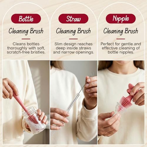 Image of TONY STARK Baby 3-in-1 Silicone Bottle Cleaning Brush Set | 360 Rotatable Handle, BPA-Free Soft Bristles for Cleaning Bottles, Nipples & Pacifiers Safely (Red1)