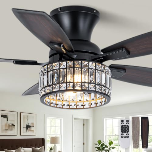 Image of 42 Inch Crystal Ceiling Fan with Lights and Remote Flush Mount | Farmhouse Rustic Fandelier Ceiling Fan, Low Profile Crystal Caged Chandelier for Bedroom Living Room, Reversible DC Motor