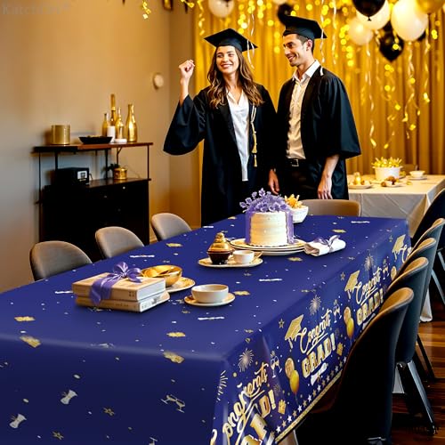 Image of KatchOn Graduation Tablecloth - Pack of 3, 54x108 Inch | Blue and Gold Graduation Decorations 2026, Congrats Grad Tablecloth | Graduation Table Decorations 2026, Plastic Tablecloth Disposable