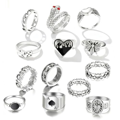 Image of LEBKFT 13 Pcs Punk Gothic Rings Set, Adjustable Alloy Joint Knuckle Ring Set Stackable Rings for Men and Women Vintage Silver Punk Style Ring Fashion Jewelry Gift