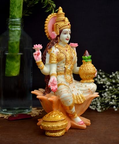 Image of Marble Dust Laxmi Ji Sculpture for Pooja Room I Desk Organizer Spiritual God Idols for Decorative Showpiece Hindu Goddess Diwali Gifts Home Decor (7 X 4.5) inch