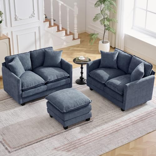 Image of Cloud 3 Pieces Sofa Set, 2+2 Seater Couch+1 Ottoman, Modern Sofas Sets with Deep Seat, Modular Sectional Couches Sets for Living Room, Bedroom, Small Apartment, Blue