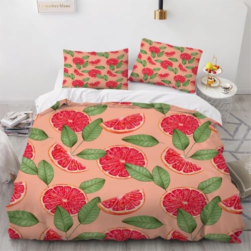 Housse de couette 220x240 pamplemousse rouge avec 2 taies d'oreiller microfibre