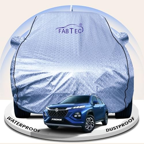 Image of FABTEC Metallic Silver Waterproof Car Body Cover for Maruti Fronx Sun, UV and Dust Protection with Mirror and Antenna Pocket (Reflective Silver with Black Piping)