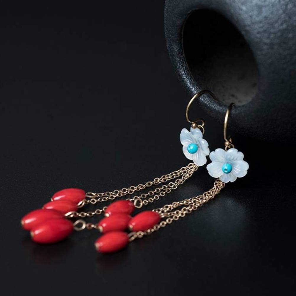 Kolczyki dla dziewcząt, Kobiet Drop Studs ręcznie robiony kreatywny design 14K Naturalna skorupa Linia Ucha Czerwona fasolka Tassel Long Colringsco