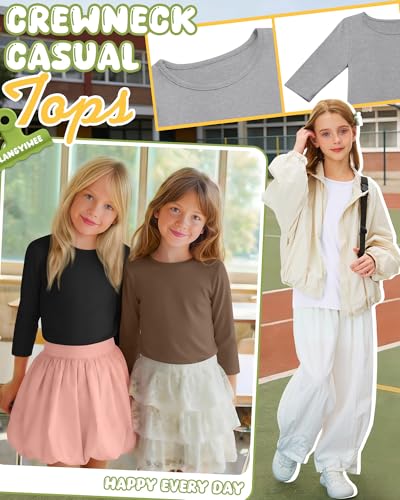Image of 4 Pack Girls 3 /4 Sleeve T Shirts Kids Crewneck Elbow Sleeve Casual Tops Solid Basic Cute Teen Tees 5-14Y