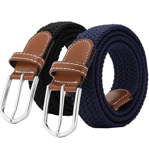 Set of 2 Womens Belt Casual Braided Elastic Fabric Woven Stretch Elasticated Belts