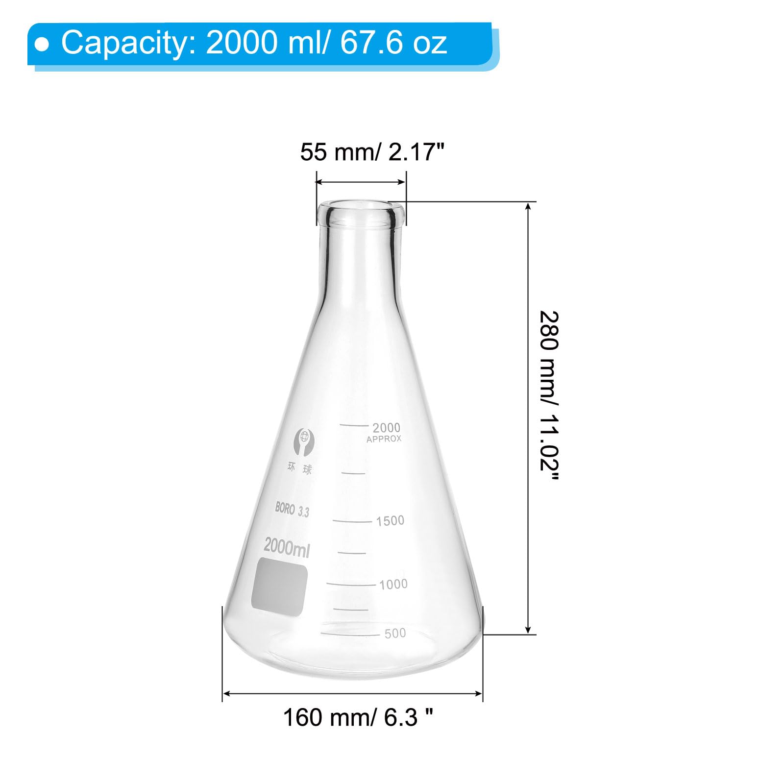 PATIKIL Erlenmeyer-Kolben 2000ml 67.6oz Schmalhals Messkolben Borosilicatglas Mit Aufgedruckter Skala Für Labor Experimente Chemie Wissenschaftliches Studium