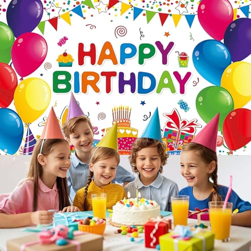Image of Happy Birthday Backdrop Banner, Colorful Birthdays Banner Backdrop Happy Birthday Party Decorations Yard Sign Background for Kids Birthdays Party Indoor Outdoor Decorations (6x3.6ft)