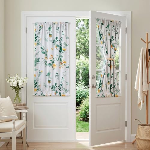 Image of MYSKY HOME Floral French Door Curtains 40 inch Long Set of 2 Blackout Privacy Sidelight Door Window Drapes with Rod Pocket, Yellow and Green, 24 inch W Each Panel