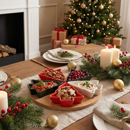 MIJOMA Set de service de Noël 6 pièces – 5 bols en forme de sapin sur plateau rond en bois – Rouge, vert et blanc – Set de sauce et de collation festifs pour les vacances – vue 9