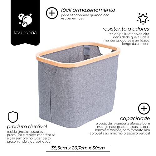 Mimo Style Cesto Para Lavanderia Cinza Com Alça De Bambu 30cm. Ideal Para Lavanderia, Área de Serviç
