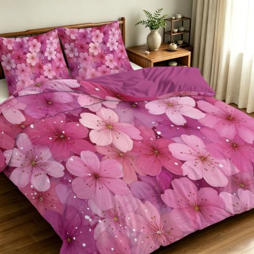 Linge de lit en microfibre rose avec parure fleurs de cerisier - 3