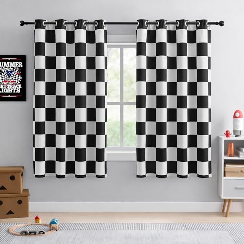 BOHOMOCASA 100% Blackout Curtains – Black and White Checkered Race Flag Pattern, 2 Panels, Each W52×L72, Thermal Insulated, Nosie Reducing for Bedroom, Living Room, Race car Drapes