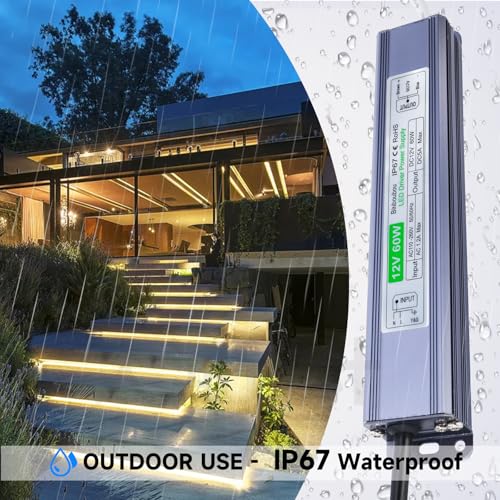 Image of 12V 60W LED Driver IP67 Waterproof LED Transformer, Low Voltage Power Supply with 3-Prong US Plug for Any Outdoor & Indoor LED Lights, Computer Projects