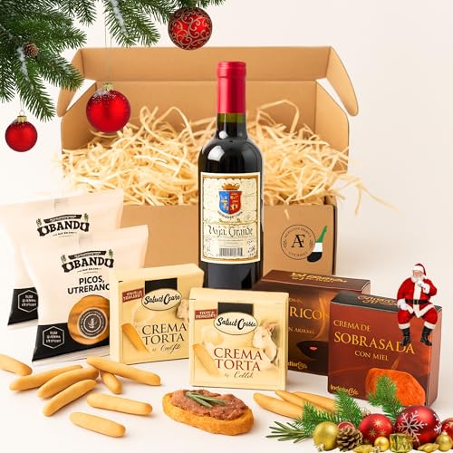 AF® - Cesta gourmet para regalar con vino mini Tierra Grande 37.5cl, quesos cremas, paté al Pedro Ximenez, sobrasada y picos artesanos – Cestas de navidad para regalar, regalos para hombre