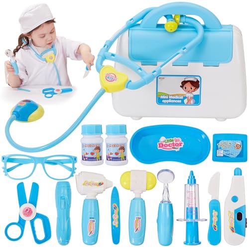 BUYGER Kit Medicos para Niños Niña 3 4 5 Años, Maletin Medico con Real Estetoscopio, Kit de Doctora Enfermera Juguete Regalo para Niños (Azul)