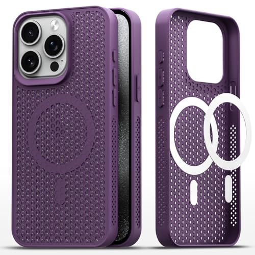 Image of Outlouders Back Cover for iPhone 15 Pro Max | Honeycomb Cooling Design | Silicone Heat Dissipation | Mag-Safe Compatible | Shockproof Camera Protection Bumper Case (Purple Mag-Safe)